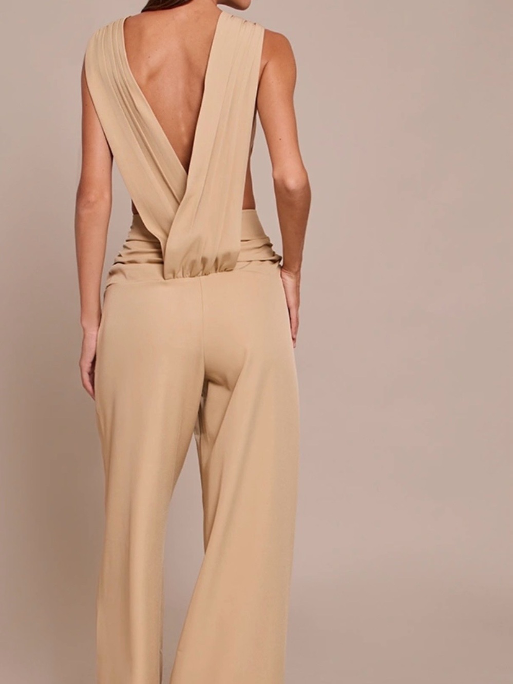 PrettyLittleThing Beige Ruched Wide Leg Jumpsuit US 12 Open Back NWT
